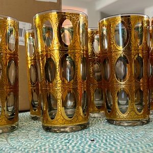 CULVER 22K Gold Oval Crackle Pisa Highball vintage Glasses set of 8